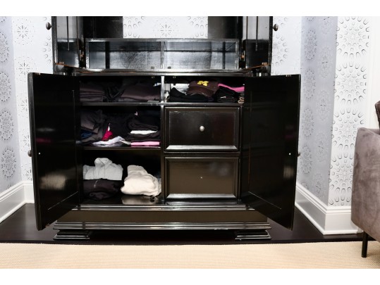 Black Lacquered Armoire With Retractable Doors And Hidden Storage Drawers