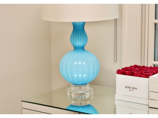 Pair Of Turquoise Ribbed Glass Lamps With Ivory Silky Drum Shades