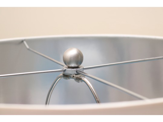 Pair Of Turquoise Ribbed Glass Lamps With Ivory Silky Drum Shades