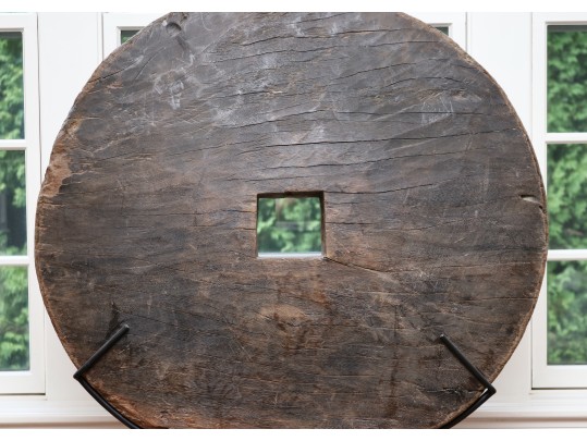 Southeast Asian Wooden Ox Cart Wheel On Custom Metal Stand