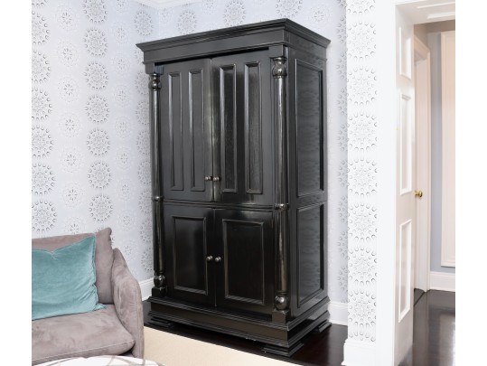 Black Lacquered Armoire With Retractable Doors And Hidden Storage Drawers