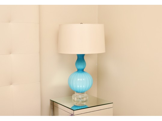 Pair Of Turquoise Ribbed Glass Lamps With Ivory Silky Drum Shades