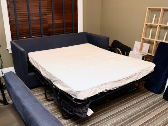 Carlyle Custom Convertible Sofa Bed With Blue Steel-Weave Upholstery And Velvet Cushions