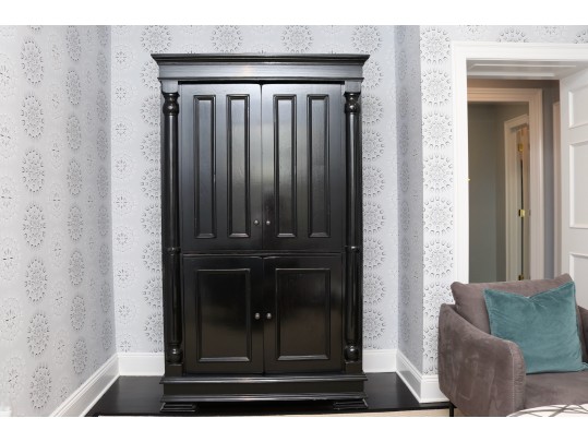 Black Lacquered Armoire With Retractable Doors And Hidden Storage Drawers