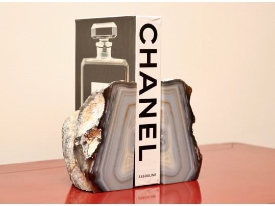 Pair Of Natural Agate Bookends With Polished Interior And Raw Exterior