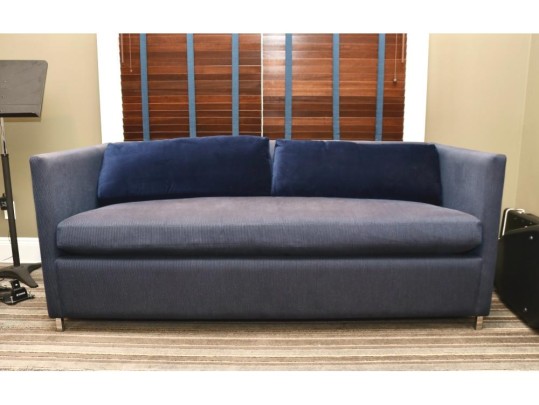 Carlyle Custom Convertible Sofa Bed With Blue Steel-Weave Upholstery And Velvet Cushions