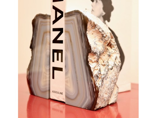Pair Of Natural Agate Bookends With Polished Interior And Raw Exterior