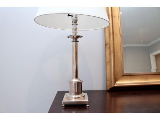 Polished Nickel Column Lamp With White Tapered Shade