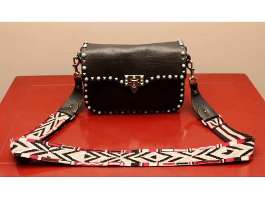 Valentino Garavani Rockstud Black Leather Crossbody Bag  With Turquoise Studs And Embroidered Strap