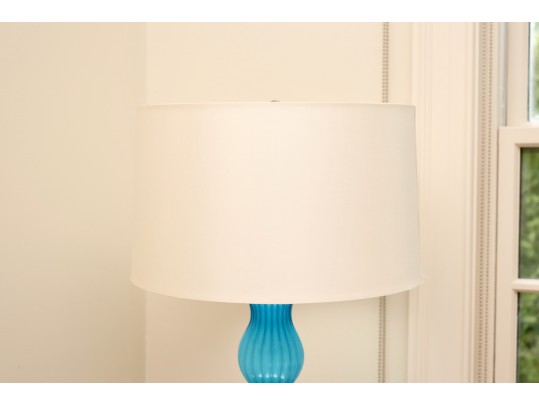 Pair Of Turquoise Ribbed Glass Lamps With Ivory Silky Drum Shades