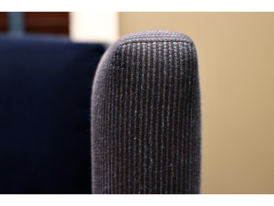 Carlyle Custom Convertible Sofa Bed With Blue Steel-Weave Upholstery And Velvet Cushions