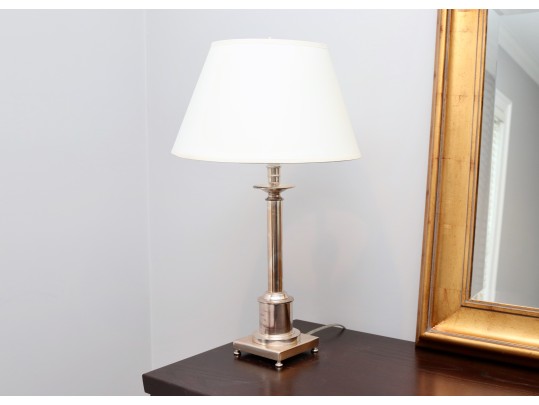 Polished Nickel Column Lamp With White Tapered Shade