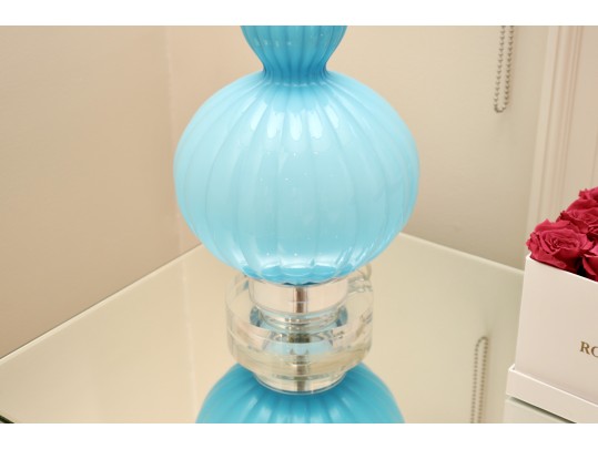 Pair Of Turquoise Ribbed Glass Lamps With Ivory Silky Drum Shades