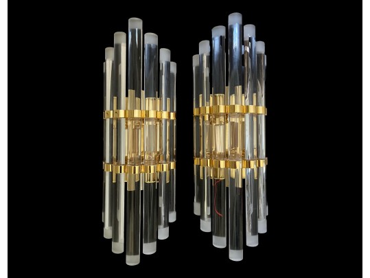 Pair Of Venini Style Murano Glass And Gilt Brass Sconces, 1960s–1970s