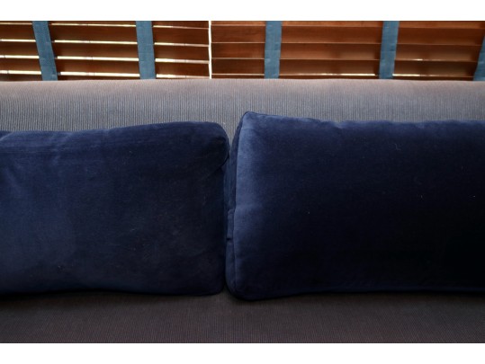 Carlyle Custom Convertible Sofa Bed With Blue Steel-Weave Upholstery And Velvet Cushions