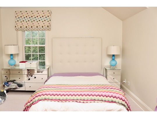 Pair Of Turquoise Ribbed Glass Lamps With Ivory Silky Drum Shades