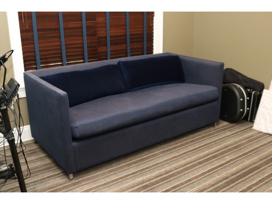 Carlyle Custom Convertible Sofa Bed With Blue Steel-Weave Upholstery And Velvet Cushions