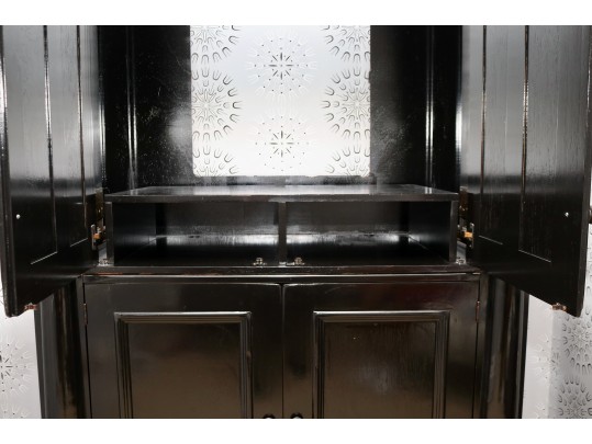 Black Lacquered Armoire With Retractable Doors And Hidden Storage Drawers
