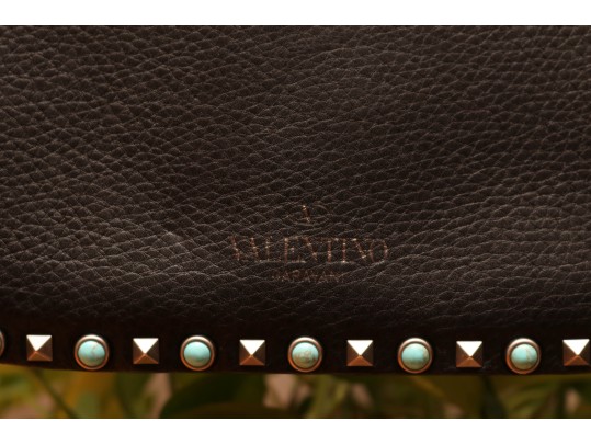 Valentino Garavani Rockstud Black Leather Crossbody Bag  With Turquoise Studs And Embroidered Strap