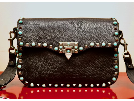 Valentino Garavani Rockstud Black Leather Crossbody Bag  With Turquoise Studs And Embroidered Strap