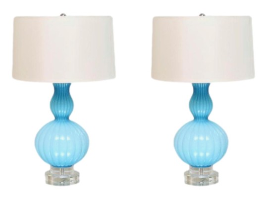 Pair Of Turquoise Ribbed Glass Lamps With Ivory Silky Drum Shades