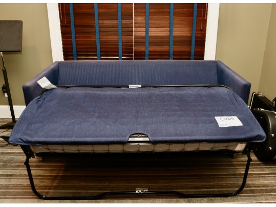 Carlyle Custom Convertible Sofa Bed With Blue Steel-Weave Upholstery And Velvet Cushions