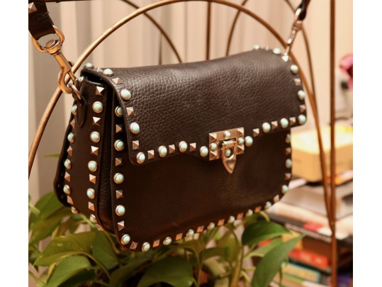 Valentino Garavani Rockstud Black Leather Crossbody Bag  With Turquoise Studs And Embroidered Strap