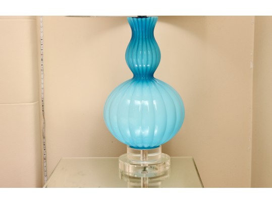 Pair Of Turquoise Ribbed Glass Lamps With Ivory Silky Drum Shades
