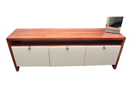 Modern Wood And Cream Matte Lacquer Media Console With Three Cabinet Doors