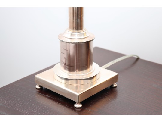 Polished Nickel Column Lamp With White Tapered Shade