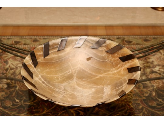 John-Richard Carved Alabaster Bowl With Antiqued Silver-Tone Whipstitch