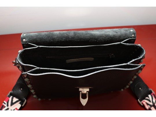 Valentino Garavani Rockstud Black Leather Crossbody Bag  With Turquoise Studs And Embroidered Strap