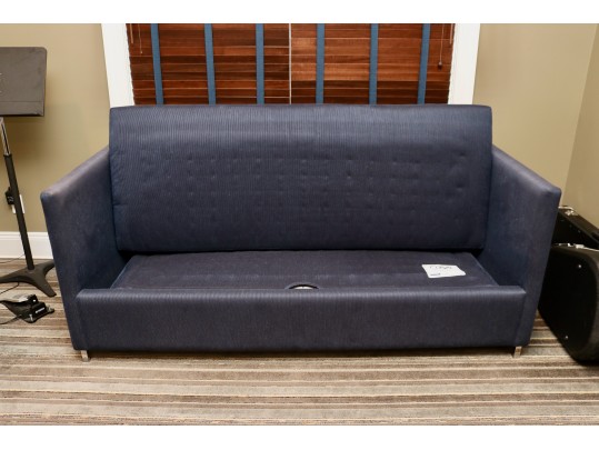 Carlyle Custom Convertible Sofa Bed With Blue Steel-Weave Upholstery And Velvet Cushions