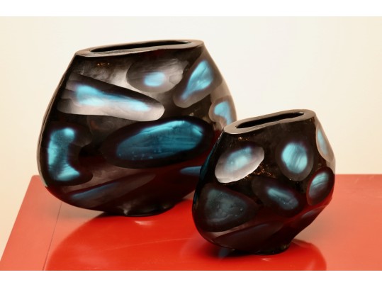 Modern Murano Cobalt Glass Vases With Battuto Surface Texture