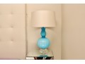 Pair Of Turquoise Ribbed Glass Lamps With Ivory Silky Drum Shades