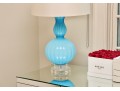 Pair Of Turquoise Ribbed Glass Lamps With Ivory Silky Drum Shades