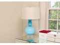Pair Of Turquoise Ribbed Glass Lamps With Ivory Silky Drum Shades