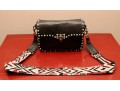 Valentino Garavani Rockstud Black Leather Crossbody Bag  With Turquoise Studs And Embroidered Strap