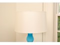 Pair Of Turquoise Ribbed Glass Lamps With Ivory Silky Drum Shades