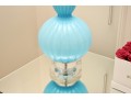 Pair Of Turquoise Ribbed Glass Lamps With Ivory Silky Drum Shades