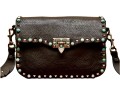 Valentino Garavani Rockstud Black Leather Crossbody Bag  With Turquoise Studs And Embroidered Strap