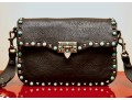 Valentino Garavani Rockstud Black Leather Crossbody Bag  With Turquoise Studs And Embroidered Strap