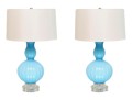 Pair Of Turquoise Ribbed Glass Lamps With Ivory Silky Drum Shades