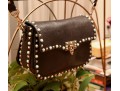 Valentino Garavani Rockstud Black Leather Crossbody Bag  With Turquoise Studs And Embroidered Strap