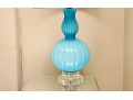 Pair Of Turquoise Ribbed Glass Lamps With Ivory Silky Drum Shades