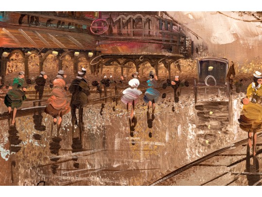 Pierre, Signed Embellished Color Print On Canvas, Paris Street Scene At Dusk