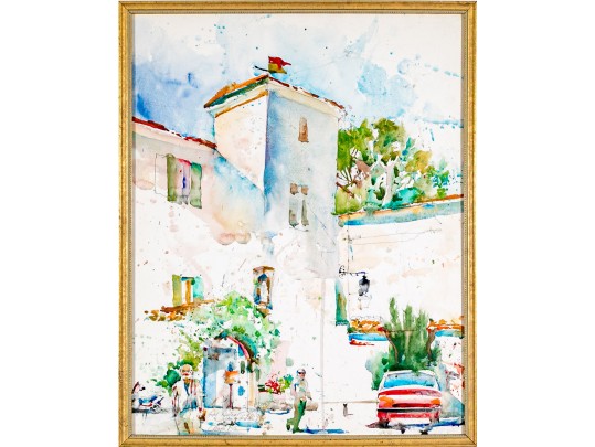 Signed Framed Graphite And Watercolor On Paper, Hotel In Provence 
