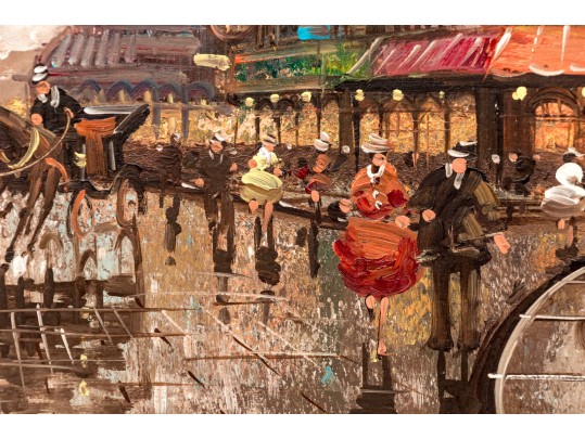 Pierre, Signed Embellished Color Print On Canvas, Paris Street Scene At Dusk