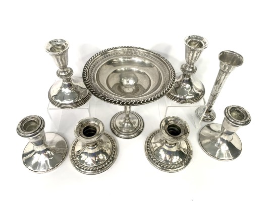 Collection Of Weighted Sterling Silver Candleholders, Compote & Bud Vase