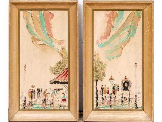 Elmo Gideon (American, 1924-2010) Pair Of Signed 3-D Oils On Board, French Street Scenes 